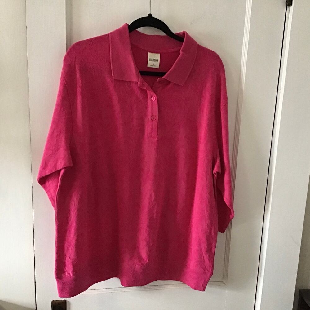 NWOT Bedford Fair Bright Pink 100% Cotton Embossed Knit  Polo XL made in India